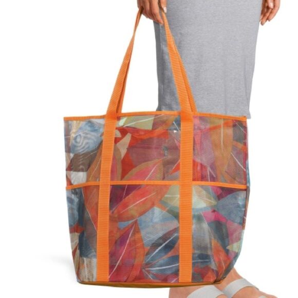 Orange Tropical Printed Mesh Tote Bag - Picture 1 of 5